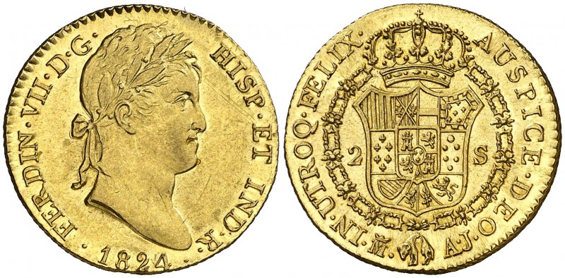 1824. Fernando VII. Madrid. AJ. 2 escudos. (AC. 1630). Mínimas rayitas. Bellísim...