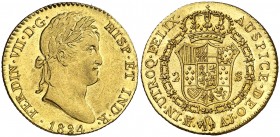 1824. Fernando VII. Madrid. AJ. 2 escudos. (AC. 1630). Mínimas rayitas. Bellísima. Pleno brillo original. Rara así. 6,74 g. S/C.