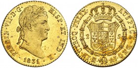 1831. Fernando VII. Madrid. AJ. 2 escudos. (AC. 1638). Mínimas marquitas. Bellísima. Pleno brillo original. Rara así. 6,75 g. S/C.
