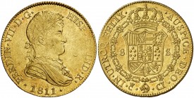 1811. Fernando VII. Cádiz. CI/CJ. 8 escudos. (AC. falta) (AC. pdf 1741.1) (Cal.Onza falta). Bella. Brillo original. Rara y más así. 27 g. EBC+/S/C-....
