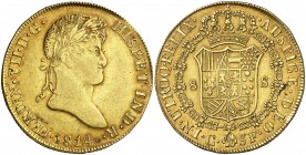 * 1814. Fernando VII. Catalunya (Barcelona). SF. 8 escudos. (AC. 1744) (Cal.Onza 1199). Sin punto delante del ensayador. Pátina. Muy bella. Parte de b...