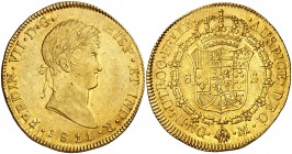 * 1811. Fernando VII. Guatemala. M. 8 escudos. (AC. 1751) (Cal.Onza 1208) (Kr. 71 indica "rare" sin precio). Mínimo golpecito. Bella. Precioso color. ...