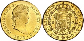 * 1814. Fernando VII. Madrid. GJ. 8 escudos. (AC. 1769) (Cal.Onza 1233). Con punto después de FELIX y delante de AUSPICE. Bellísima. Brillo original. ...