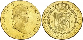 1817. Fernando VII. Madrid. GJ. 8 escudos. (AC. 1773) (Cal.Onza 1238). Bellíisma. Pleno brillo original. Rara y más así. 27,05 g. S/C-.