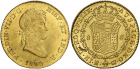 1820/21. Fernando VII. Madrid. GJ. 8 escudos. (AC. 1777) (Cal.Onza falta). Con punto delante de AUSPICE. Sin punto entre los ensayadores. Mínimas marq...