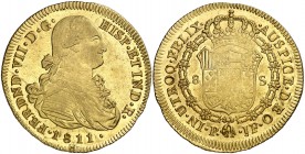 1811/0. Fernando VII. Popayán. JF. 8 escudos. (AC. 1810) (Cal.Onza 1280) (Restrepo 128-6). Bellísima. Brillo original. Rara así. 27,07 g. S/C-.