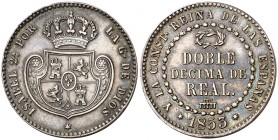 1853. Isabel II. Segovia. Doble décima de real. (AC. 147, indica RRR sin precio). Prueba en plata. Leves marquitas. Bella. Rarísima. ¿Única conocida?....