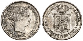 1865. Isabel II. Madrid. 10 céntimos de escudo. (AC. 338). Muy bella. Rara así. 1,38 g. S/C.
