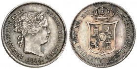 1868*68. Isabel II. Madrid. 10 céntimos de escudo. (AC. 341). Muy bella. Preciosa pátina. Rara así. 1,27 g. S/C.