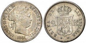 1861. Isabel II. Madrid. 2 reales. (AC. 376). Bella. Preciosa pátina. Ex Colección O'Callaghan 10/11/2016, nº 274. Rara así. 2,61 g. EBC+.
