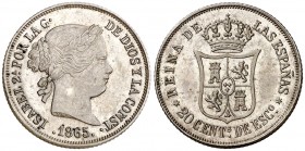 1865. Isabel II. Madrid. 20 céntimos de escudo. (AC. 403). Muy bella. Brillo original. Rara así. 2,85 g. S/C.