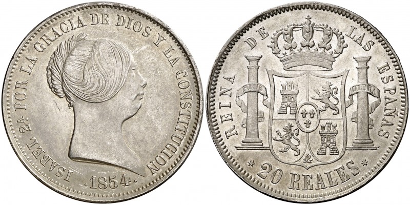 1854. Isabel II. Madrid. 20 reales. (AC. 596). Bella. Brillo original. Rara así....
