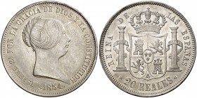 1854. Isabel II. Madrid. 20 reales. (AC. 596). Bella. Brillo original. Rara así. 25,73 g. EBC+/S/C-.