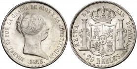 1855. Isabel II. Madrid. 20 reales. (AC. 597). Bella. Brillo original. Rara así. 26,01 g. EBC+.