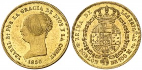 1850. Isabel II. Madrid. CL. Doblón de 100 reales. (AC. 757). Mínimas rayitas. Bella. Pleno brillo original. Escasa así. 8,19 g. S/C-.