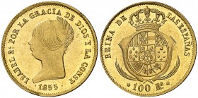 1855. Isabel II. Barcelona. 100 reales. (AC. 763). Mínimo golpecito. Bella. Brillo original. Escasa así. 8,40 g. S/C-.