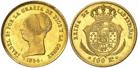 1854. Isabel II. Madrid. 100 reales. (AC. 779). Mínimas marquitas. Muy bella. Pleno brillo original. Escasa así. 8,34 g. S/C-.