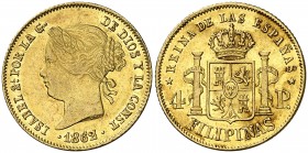 1862/3. Isabel II. Manila. 4 pesos. (AC. 854 var) (AC. pdf 854.1.1). Bella. Brillo original. Rara así. 6,76 g. EBC-/EBC.
