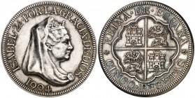 1904. Isabel II. Londres. 5 pesetas. (AC. 872). Acuñación de Reginald Huth. Bella. Pátina. Rara. 24,85 g. S/C-.