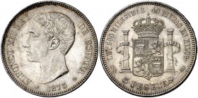 1875*1875. Alfonso XII. DEM. 5 pesetas. (AC. 35). Bella. Parte de brillo original. Escasa así. 25,17 g. EBC+.