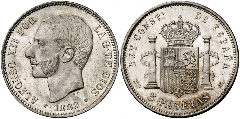 1882*1882. Alfonso XII. MSM. 5 pesetas. (AC. 51). Muy bella. Brillo original. Ra...