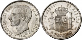 1882*1882. Alfonso XII. MSM. 5 pesetas. (AC. 51). Muy bella. Brillo original. Rara así. 24,96 g. S/C-.