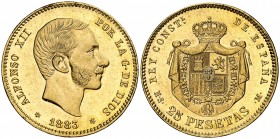 1883*1883. Alfonso XII. MSM. 25 pesetas. (AC. 87). Mínimas marquitas. Muy bella. Pleno brillo original. Rara así. 8,06 g. S/C-.