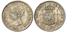 1892/82*92. Alfonso XIII. PGM. 50 céntimos. (AC. 28). Leves marquitas. Bella. Brillo original. 2,42 g. S/C-.