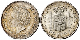 1894*94. Alfonso XIII. PGV. 50 céntimos. (AC. 43). Bella. Precioso color. Brillo original. Escasa así. 2,50 g. S/C.