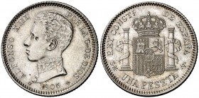 1905*1905. Alfonso XIII. SMV. 1 peseta. (AC. 70). Bella. Brillo original. Escasa así. 4,89 g. EBC+.