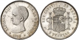 1888*1888. Alfonso XIII. MPM. 5 pesetas. (AC. 92). Bella. Brillo original. Acuñación Proof. Escasa así. 24,87 g. S/C-.