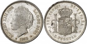 1893*1893. Alfonso XIII. PGL. 5 pesetas. (AC. 102). Mínimas marquitas. Bellísima. Brillo original. 25,04 g. S/C-.