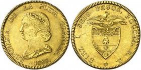 Colombia. República de Nueva Granada. 1838. Bogota. RS. 16 pesos. (Fr. 74) (Kr. 94.1) (Restrepo 211-3). Mínimas rayitas. Bella. Brillo original. Escas...