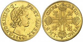 Francia. 1644. Luis XIV. A (París). 1 luis de oro. (Fr. 415) (Kr. 149). Atractiva. Muy escasa. AU. 6,74 g. EBC.
