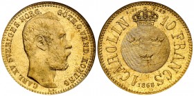 Suecia. 1868. Carlos XV. 1 carolin / 10 francos. (Fr. 92) (Kr. 716). En cápsula de la NGC como MS64, nº 179792-001. Bella. Brillo original. Ex Stack's...