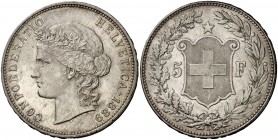 Suiza. 1889. B (Berna). 5 francos. (Kr. 34). Bella. Rara así. AG. 16,06 g. S/C.