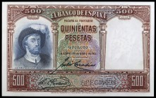 1931. 500 pesetas. (Ed. C12m) (Ed. 361M). 25 de abril, Elcano. SPECIMEN en taladros. Numeración 0.000.000. Insignificante manchita. Ex Colección Cerva...