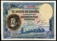 1935. 500 pesetas. (Ed. C16p) (Ed. falta). 7 de enero, Hernán Cortés. Prueba sobre cartón no adoptada, de anverso y reverso. Numeración 0000000 en roj...