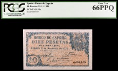 1936. Burgos. 10 pesetas. (Ed. D19) (Ed. 418). 21 de noviembre. Numeración 0000009. Certificado por la PCGS como Gem New 66PPQ. Muy raro así. S/C.