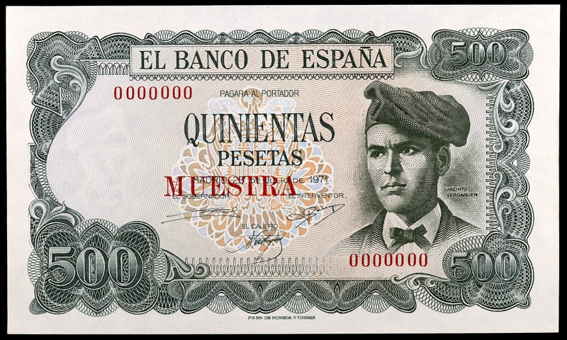 1971. 500 pesetas. (Ed. D74m) (Ed. 473M). 23 de julio, Verdaguer. MUESTRA en roj...
