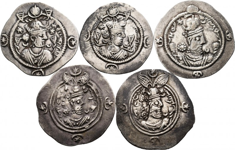 Ancient Coins. Lot of 5 coins from the Sassanid Empire. 1 Drachma, all different...