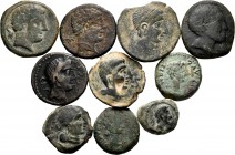 Ancient Coins. Lot of 10 coins from ancient Hispania. Variety of values and mints: Bolskan, Ekualakos, Carmo, Carteia, Corduba, Castulo and Italica. A...