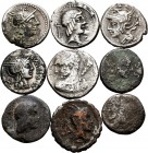 Ancient Coins. Lot of 9 coins of the Roman Republic. Different families: Victoriato anonymous, Calpurnia, Cipia, Papia, Sergia, Calidia, Quinticia and...