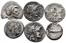 Ancient Coins. Lot of 6 Roman coins, 1 victoriato, 4 denarii of republic (three lined and one split) and 1 denarius of Mark Antony LEG VIII. F/Almost ...