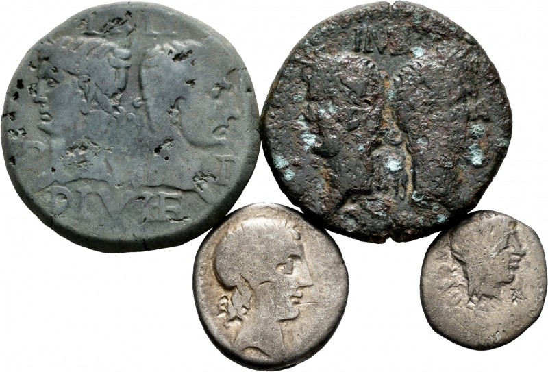 Ancient Coins. Lote de 4 monedas del Imperio romano. 2 Ases de Augusto y Agrippa...