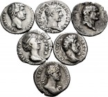 Ancient Coins. Lot of 6 coins of the Roman Empire. Denarii of Vespasian, Aelius (Fourée?), Hadrian (2), Trajan and Diva Faustina. Ag. TO EXAMINE. Almo...