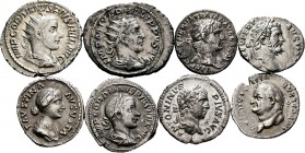 Ancient Coins. Lot of 8 coins of the Roman Empire. Denarii of Vespasian, Trajan, Faustina, Septimus Severus, Caracalla and Gordian III, Antoninians of...