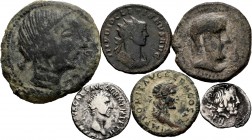 Ancient Coins. Lot of 6 coins of ancient Hispania and Roman Empire. Unit of Obulo, Semis Castulus, Quinary of L. Rubrius Dossenus, Quadratus of Domiti...