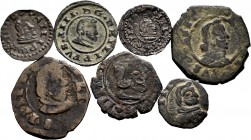 Spanish Coins. Lot of 7 pieces of bust of Philip IV between 1661 and 1663, 4 of hammer (Madrid, Segovia, Toledo, Trujillo) and 3 of mill (Burgos, Gran...