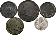 Spanish Coins. Lot of 5 Spanish coins. Fernando VI, 1/2 Real 1758 Madrid; Carlos III, 2 Maravedís 1772 Segovia; Carlos IV, 2 Maravedís 1803 Segovia; F...